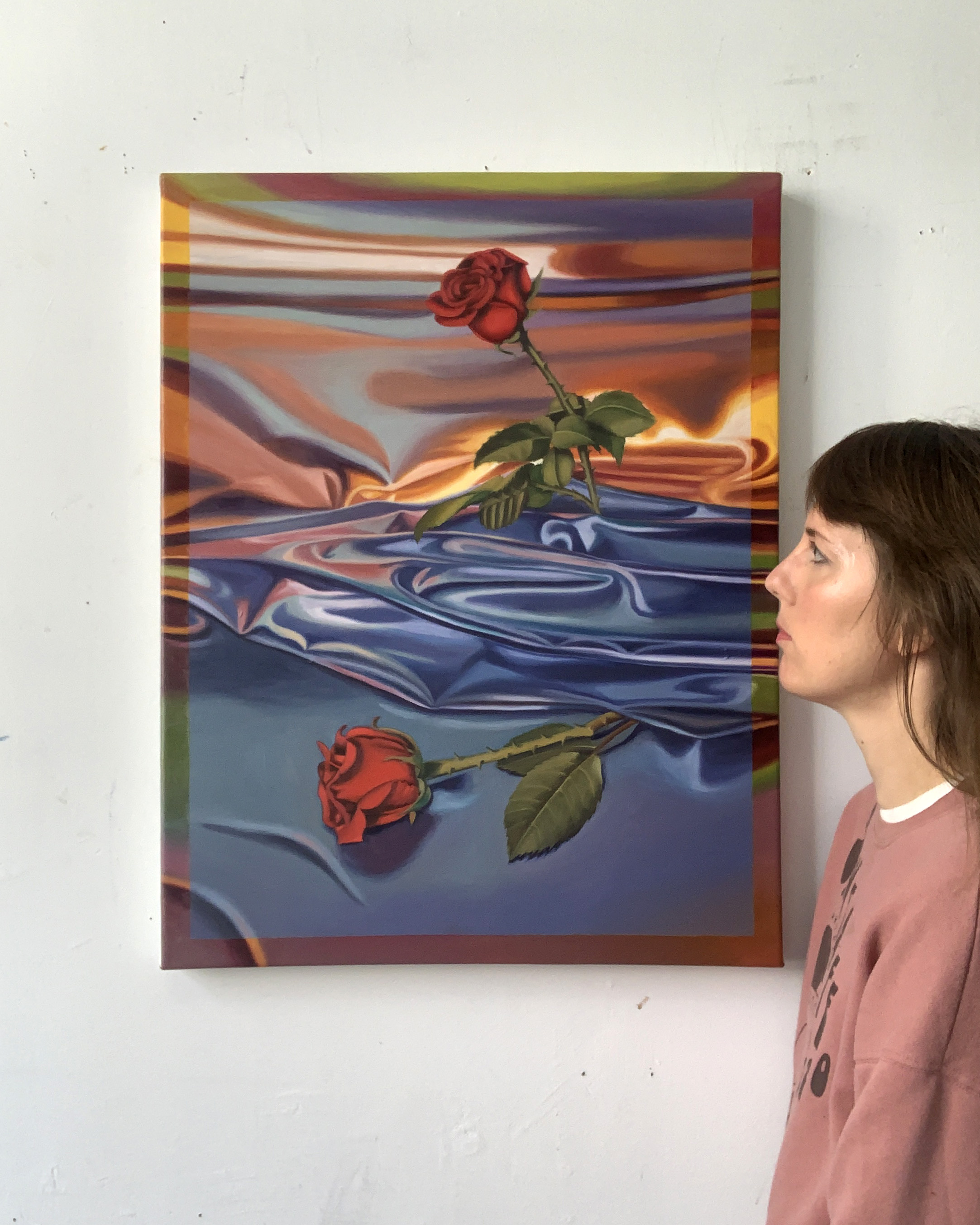 Masking the Absence of Reality in Nature-with figure for scale, 28x22 2021 <br>oil on canvas